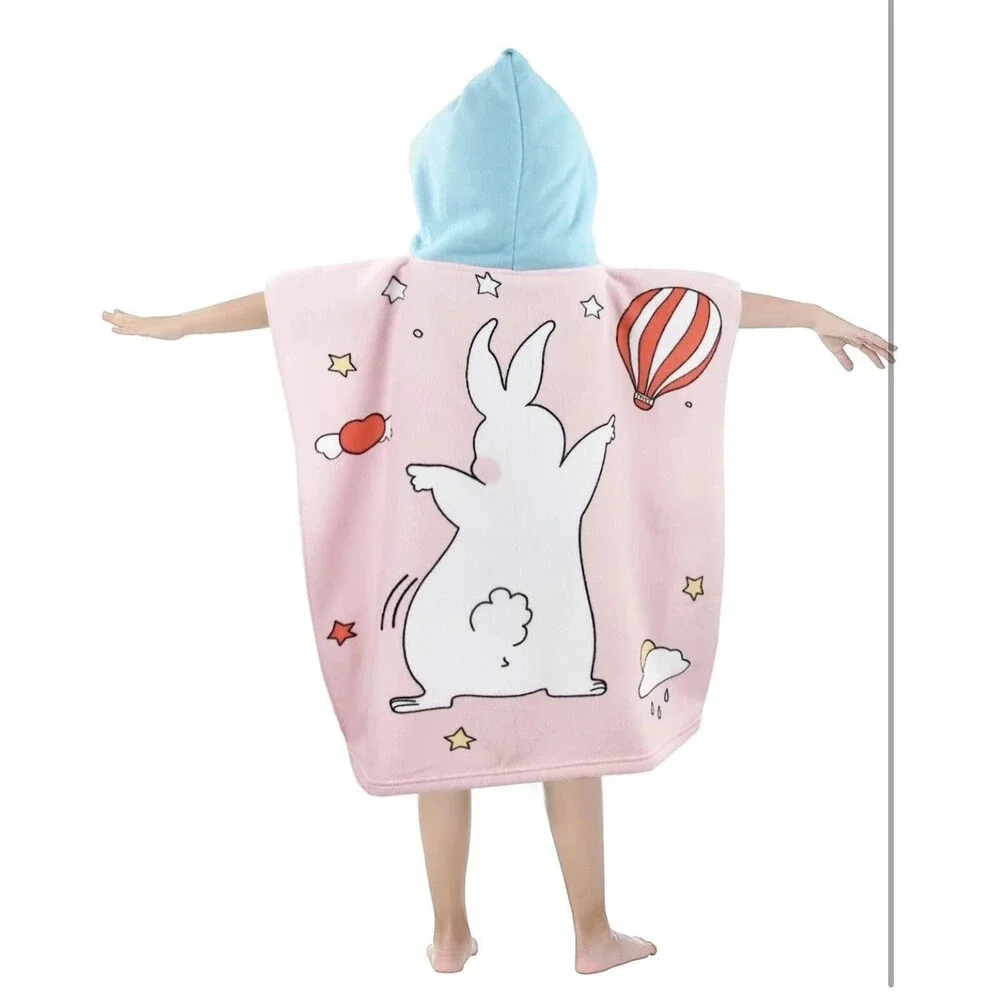 Kids Bunny Hooded Towel Pink Blue Microfiber Kawaii Rabbit Bath Beach Poncho 008